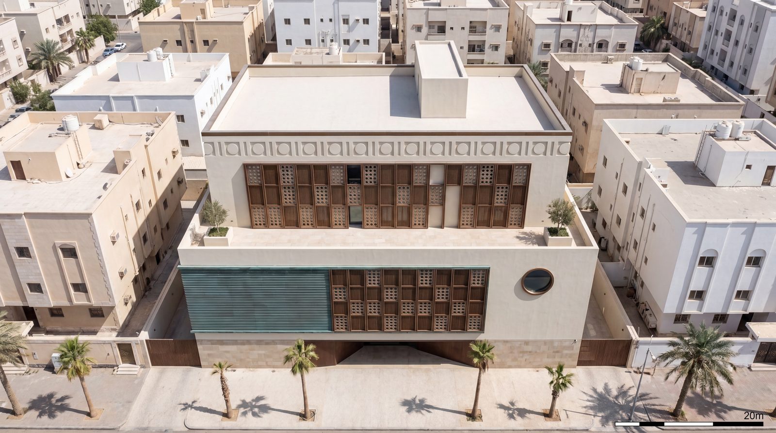 Aerial view of the seven-floor building